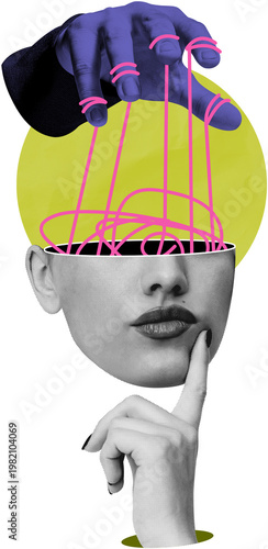 A conceptual collage showing a person’s face with an open head and strings pulled by a hand, in a stylized graphic look, on white background, symbolizing control and influence