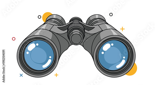 Pair of professional black binoculars with blue lenses shown on a playful abstract background with colorful circles and crosses.