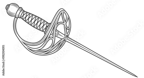 Detailed Rapier Sword Outline Drawing Representing Historical Weapon and Fencing on Isolated White Background