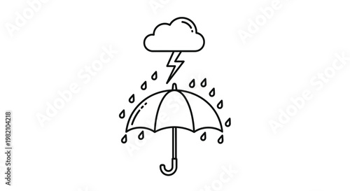 Outline Icon of an Umbrella with Falling Rain and a Cloud with Lightning, Symbolizing Bad Weather and Protection, on Isolated White Background
