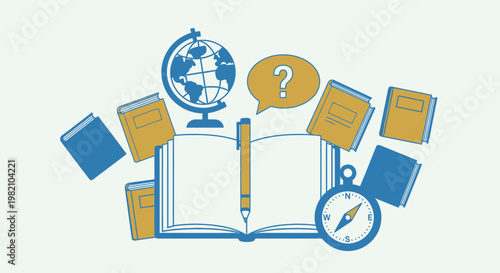 Open Book with Globe, Pencil, Compass, and Question Mark Speech Bubble, Surrounded by Books, Symbolizing Learning and Research in Bright Studio