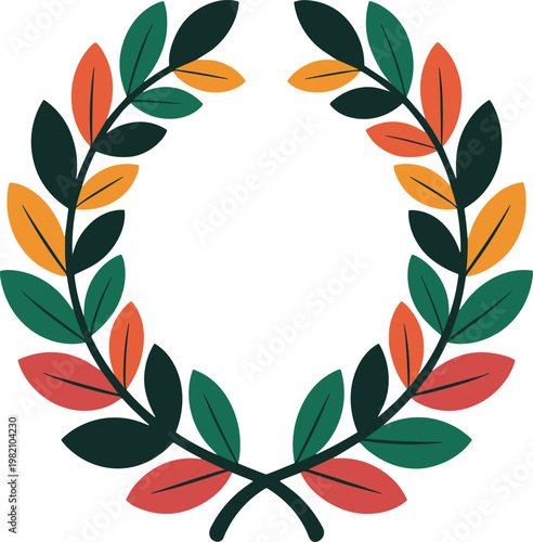Laurel wreath with green, orange, and red leaves vector illustration