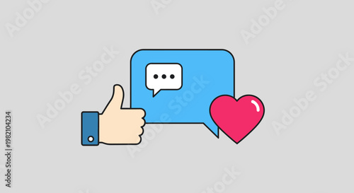 Thumbs up gesture with a chat speech bubble and heart icon, representing social media likes and positive communication in bright studio.