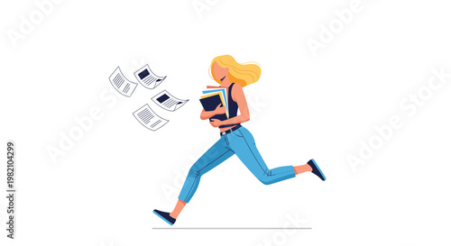 Stressed woman in a hurry runs quickly while dropping multiple papers and documents from her hands onto the floor.