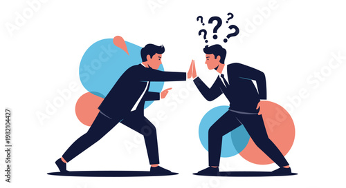 Two angry businessmen in suits pushing against each other with their hands in a symbolic conflict or professional disagreement.