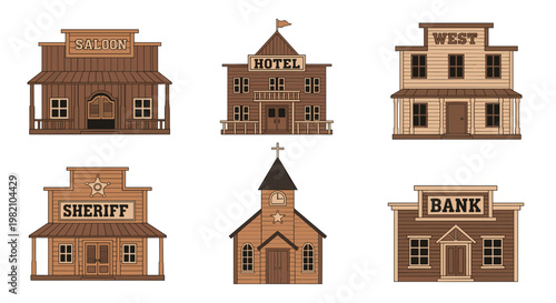 Collection of old western town buildings including a saloon, hotel, bank, sheriff's office, church, and a general store.