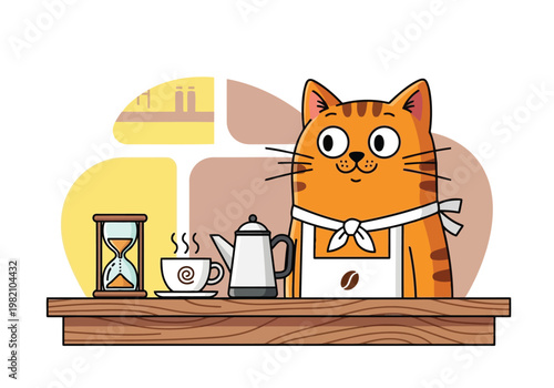 A whimsical cat barista serving coffee with a time constraint