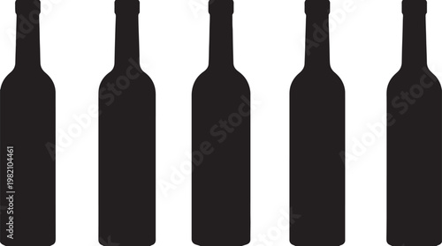 A black and white vector illustration of isolated glass wine bottles with blank labels, featuring sleek reflections and elegant silhouettes perfect for a winery or bar product display