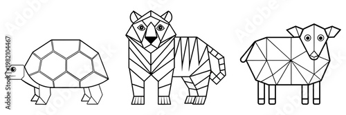 A minimalist set of low-poly geometric animal illustrations featuring a Sheep, tiger, and Tortoise, created with clean line art and polygonal shapes.