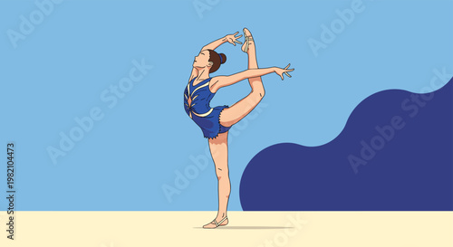 Graceful rhythmic gymnast in a blue leotard performs a flexible pose with her leg raised behind her head on a beige floor.