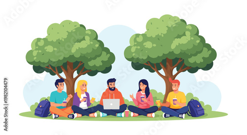 Group of five diverse young friends sitting on a green lawn in a park, talking, drinking, and using a laptop under trees.
