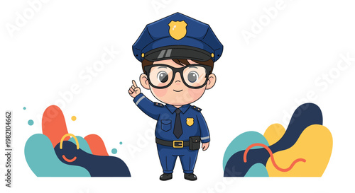 Adorable young boy dressed in a blue police officer uniform and glasses points upwards with a confident expression.