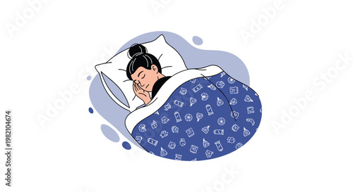 Young woman with dark hair tied in a bun sleeps peacefully in a white bed under a blue patterned blanket with icons.