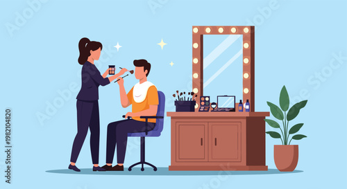 Professional makeup artist applying cosmetics to a male actor sitting in a dressing room in front of a lit mirror.