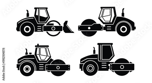 Four black silhouette icons depicting different types of road rollers