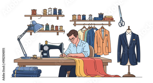 Professional tailor working at a sewing machine in his workshop filled with fabrics, threads, and finished suits.