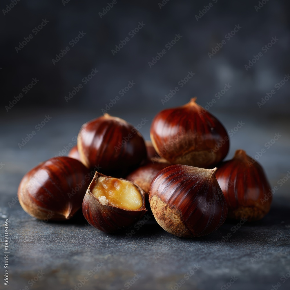 Obraz premium Chestnuts with cracked shell autumn seasonal food concept