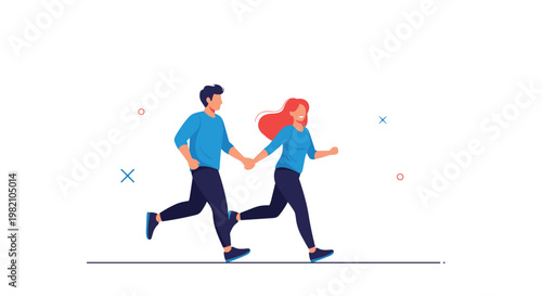 Happy young couple running together while holding hands on a plain white background with minor abstract elements.