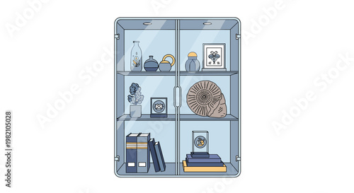 Modern glass display cabinet filled with decorative items including vases, books, framed art, and an ammonite fossil.