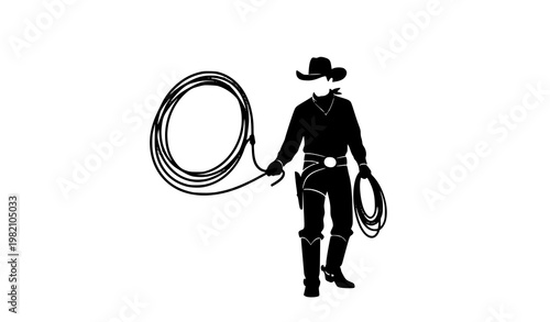 Western cowboy vector silhouette spinning lasso on white background