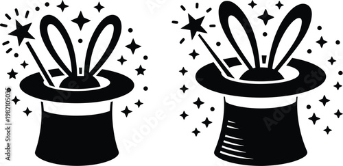 Magic hat with bunny ears and sparkles vector illustration rabbit ears magic trick black and white performance illusion entertainment illustration