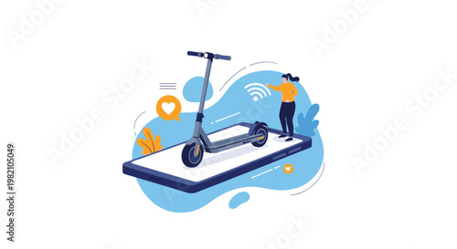 Conceptual illustration of an electric scooter rental mobile app with a woman interacting with digital cloud icons.