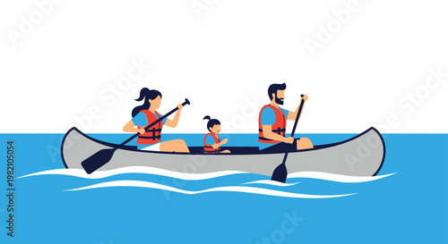 Happy family of three wearing life jackets and paddling together in a grey canoe on bright blue water waves today.