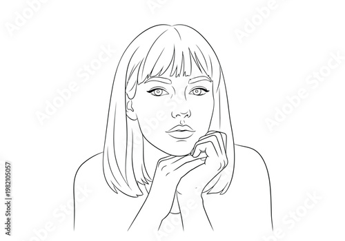 Thoughtful woman with straight fringe and contemplative expression in sketch style