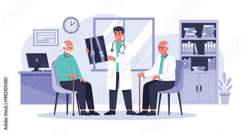Professional doctor showing a knee X-ray to two senior patients sitting in a modern medical clinic office interior.