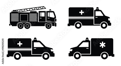 Black silhouette illustrations of various emergency response vehicles