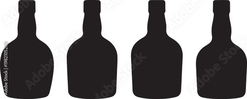 A blank isolated wine bottle and a green beer bottle stand as objects of alcohol and beverage on a white background with a subtle reflection from the bar glass