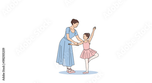 Professional ballet teacher guiding a young girl during a dance lesson in a minimalist white studio environment.