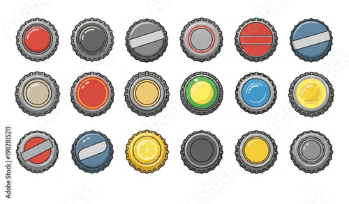 Metallic bottle caps vector set with beer soda lemonade lids and cartoon tops