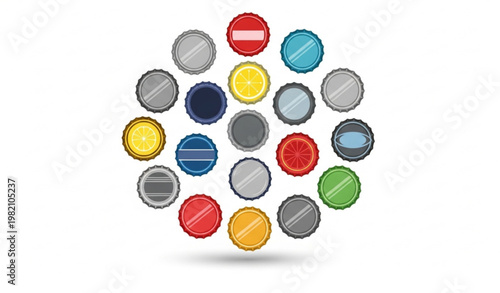 Bottle cap collection with metallic beer soda and lemonade lids vector illustration
