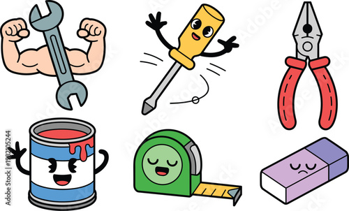 Set of cute construction and DIY tool characters featuring wrench with muscles screwdriver pliers paint can tape measure and eraser vector illustration