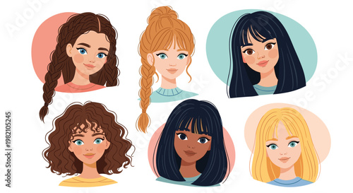Collection of diverse female avatars featuring various hair colors, styles, and ethnic backgrounds in colorful circles.