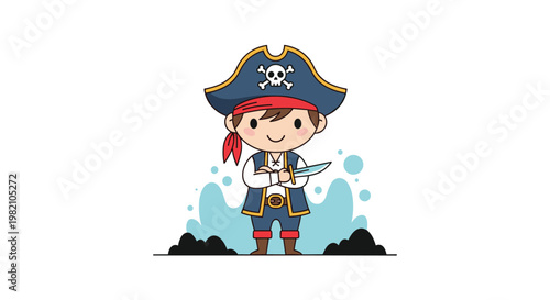 Cute cartoon pirate boy wearing a captain hat and holding a sword while standing on a beach with bright blue waves.