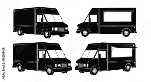 Four black silhouettes of food trucks with varying window configurations