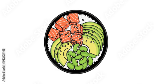 Delectable Poke Bowl: An illustrated depiction of a vibrant poke bowl, overflowing with fresh, colorful ingredients. showcasing culinary delights.