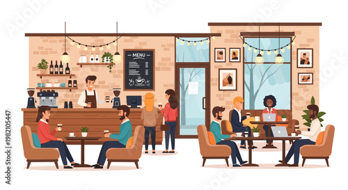 Cozy Cafe Scene: Inside a lively cafe, the ambiance is rich with the aroma of freshly brewed coffee, where baristas meticulously prepare drinks for diverse customers. It's a snapshot of comfort.