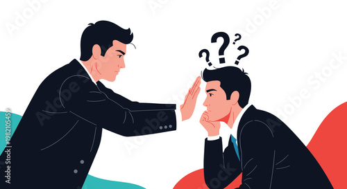 Conceptual illustration of communication barriers showing a man making a stop gesture to a confused person.