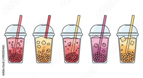 Colorful Bubble Tea Delights: A vibrant array of refreshing bubble tea drinks, each boasting a unique color and flavor, await to quench your thirst and tantalize your taste buds.