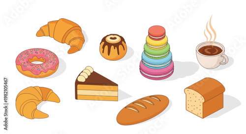 Sweet Selection: Indulge your senses with this delightful assortment of baked goods, including croissants, donuts, cakes, macarons, bread, and a steaming cup of coffee.