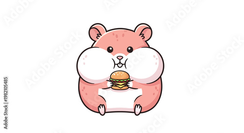 Hamster and Burger: An adorable hamster, rosy-cheeked and utterly content, clutches a miniature burger, the epitome of small creature joy and culinary delight.