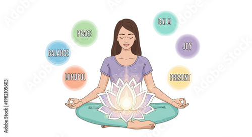 A smiling woman in a pink lotus pose sits in meditation as a relaxation health illustration featuring colorful easter eggs
