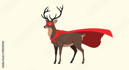 Whimsical illustration of a majestic deer wearing a red superhero mask and a flowing red cape on a plain background.