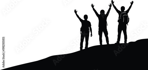 Silhouetted figures celebrating victory on a hilltop against a bright expansive white sky symbolizing achievement
