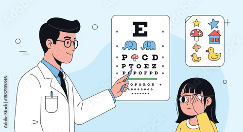 Friendly eye doctor checking the eyesight of a young girl using a vision chart in a professional medical clinic.