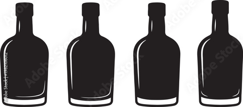 Isolated set of red, green, and black wine bottle vectors featuring blank glass containers with corks for a winery or bar beverage object on a white background