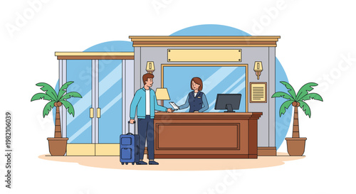 Male traveler with blue luggage interacts with a professional hotel receptionist at the check-in counter in a modern lobby with palm trees.